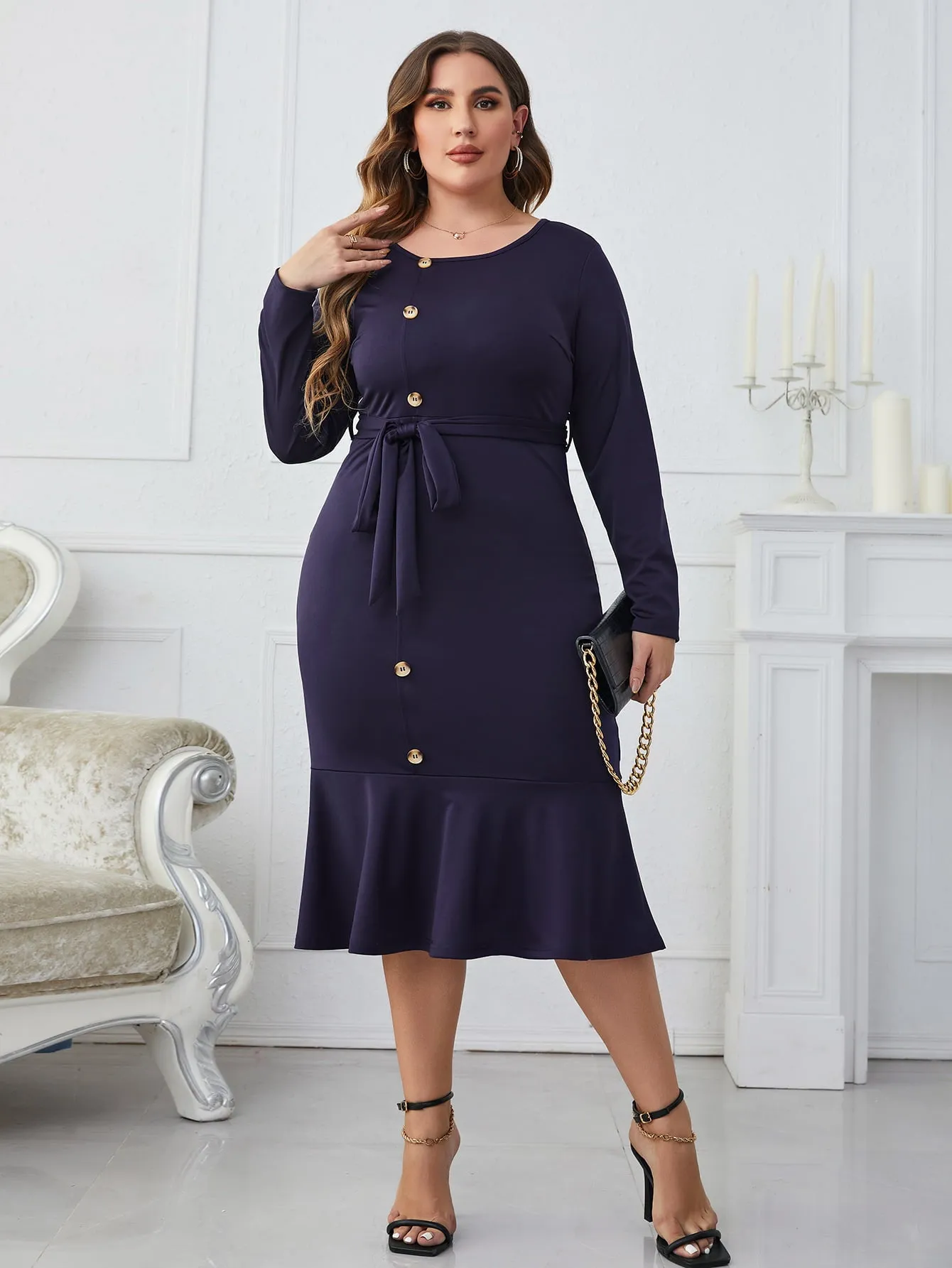 Put Them To Work Plus Size Buttoned Round Neck Tie Belt Midi Dress
