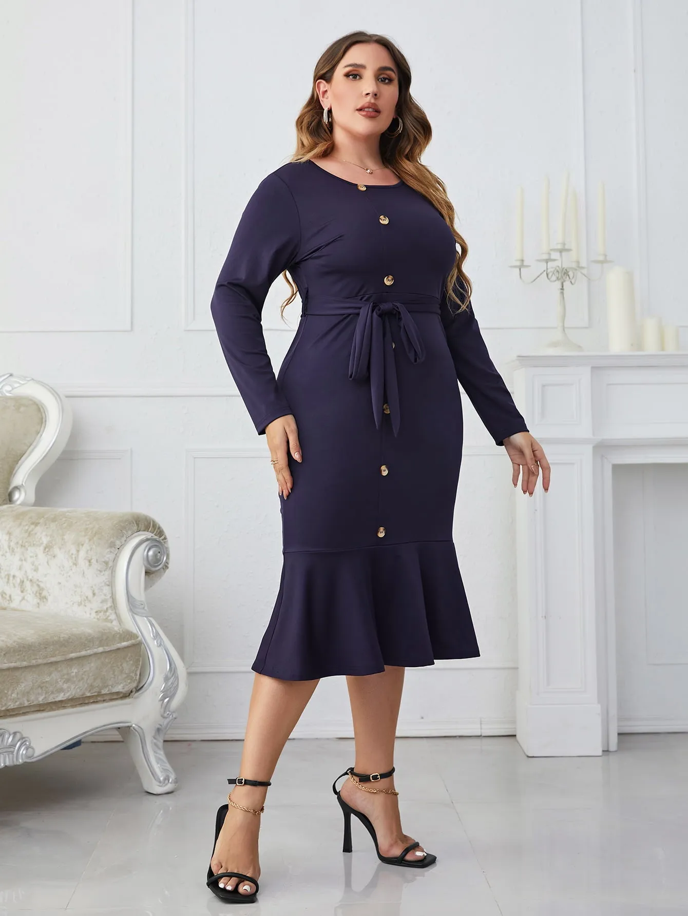 Put Them To Work Plus Size Buttoned Round Neck Tie Belt Midi Dress