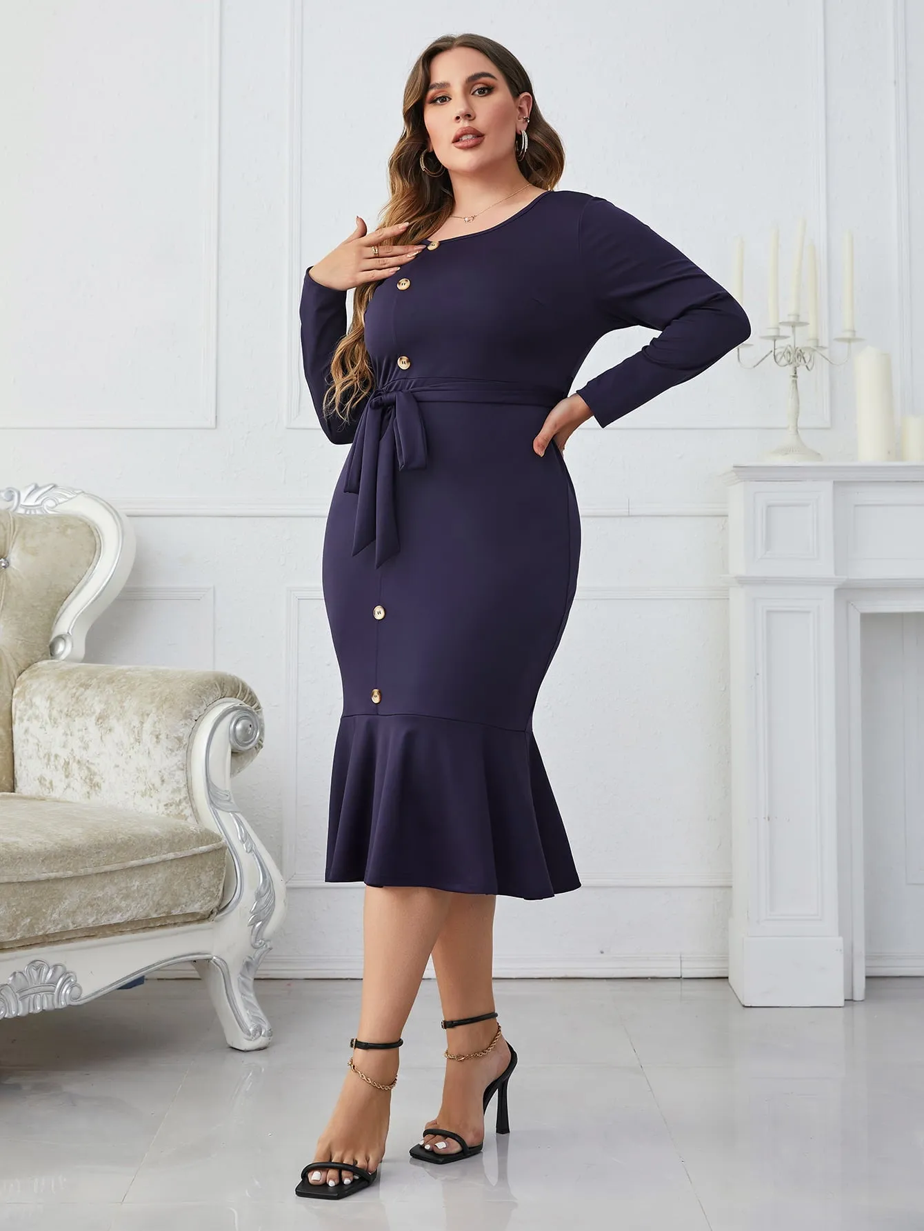 Put Them To Work Plus Size Buttoned Round Neck Tie Belt Midi Dress