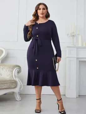 Put Them To Work Plus Size Buttoned Round Neck Tie Belt Midi Dress