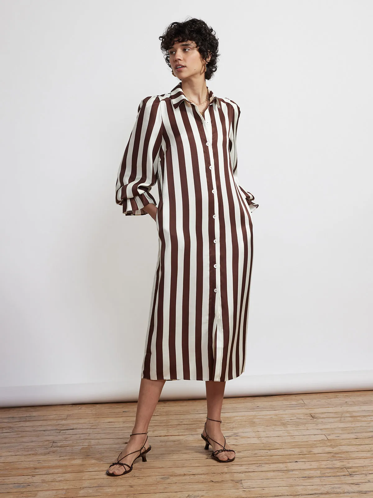Raquel Chocolate Striped Satin Shirt Dress
