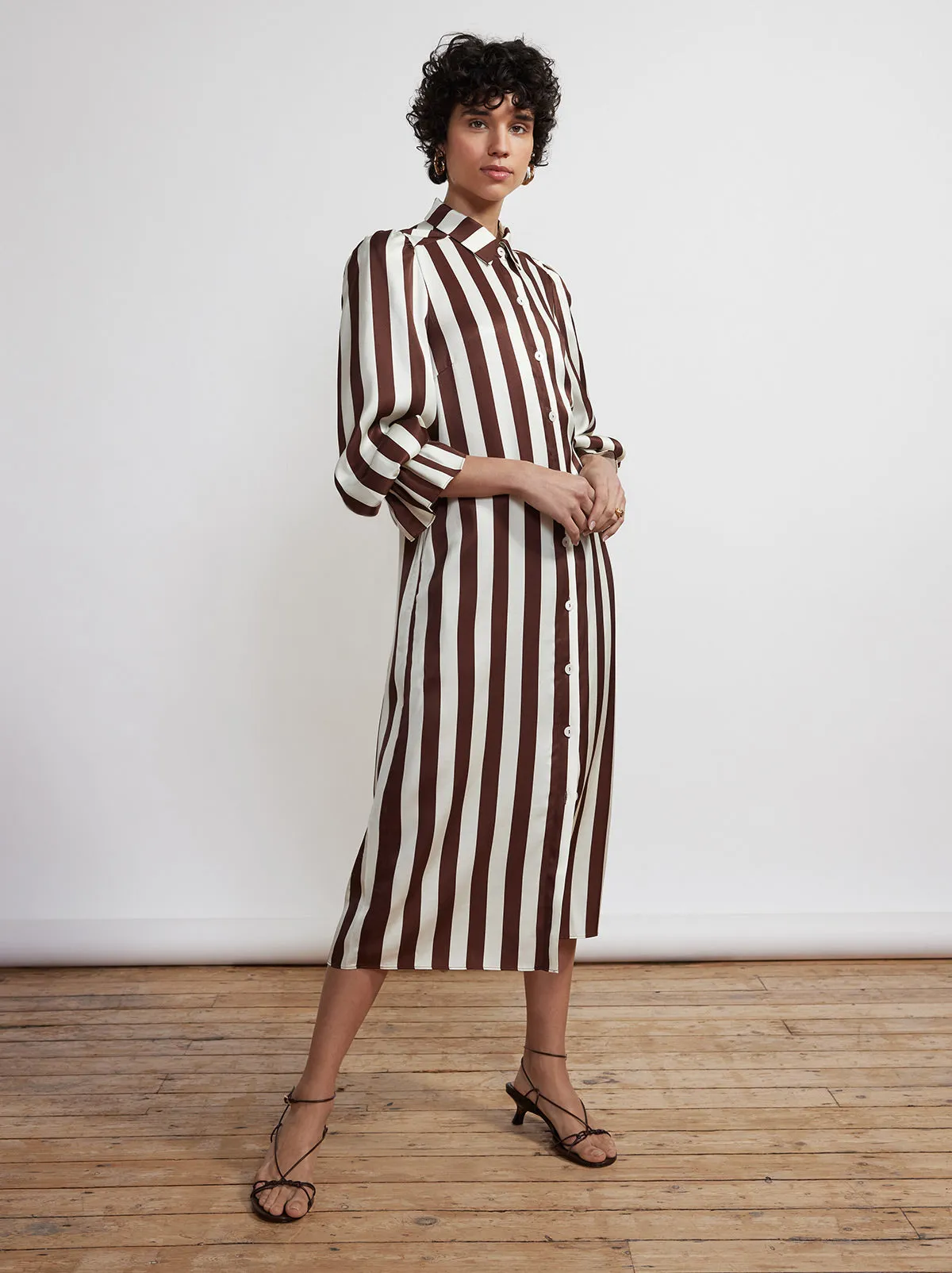 Raquel Chocolate Striped Satin Shirt Dress