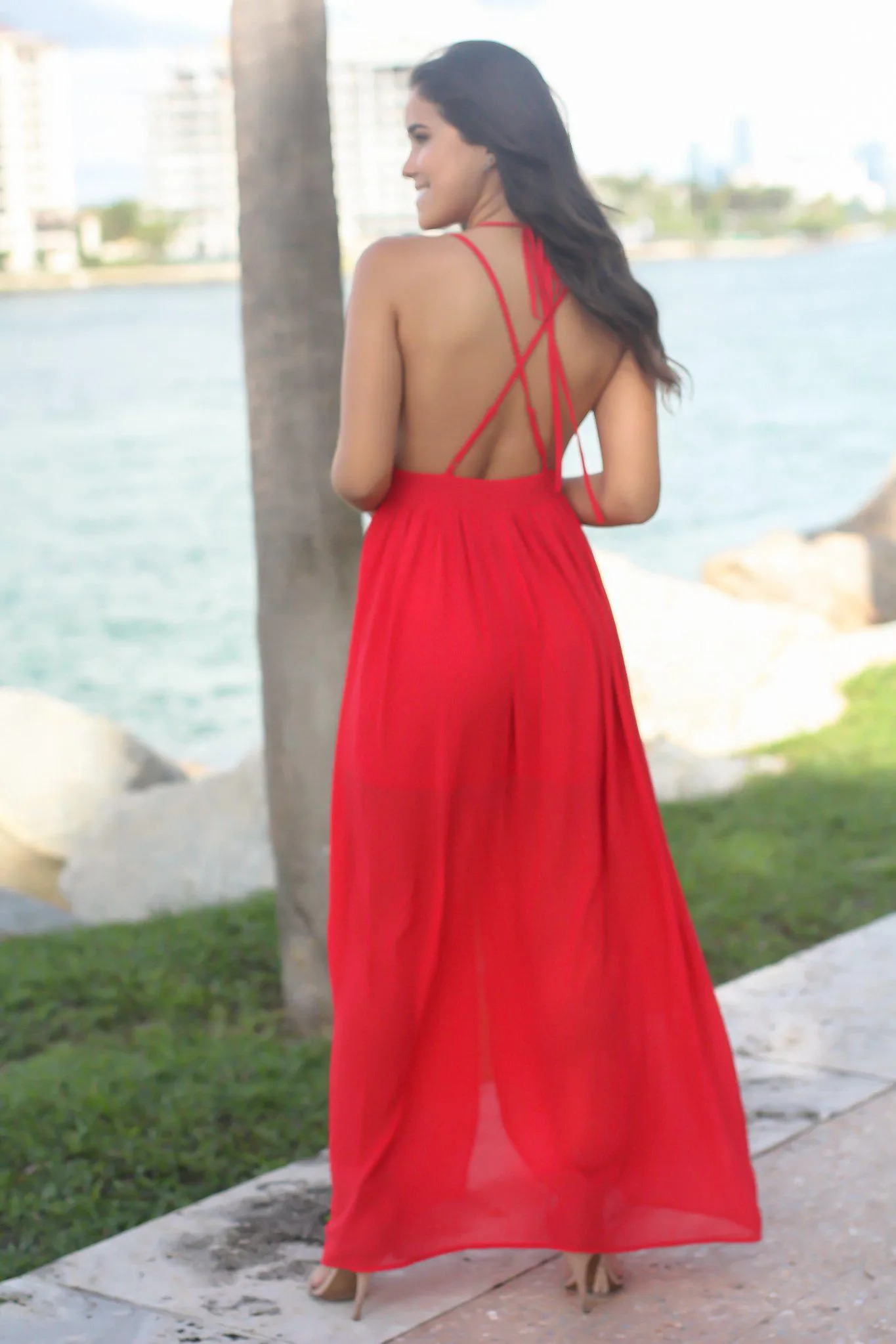 Red V-Neck Maxi Dress with Tie Neck