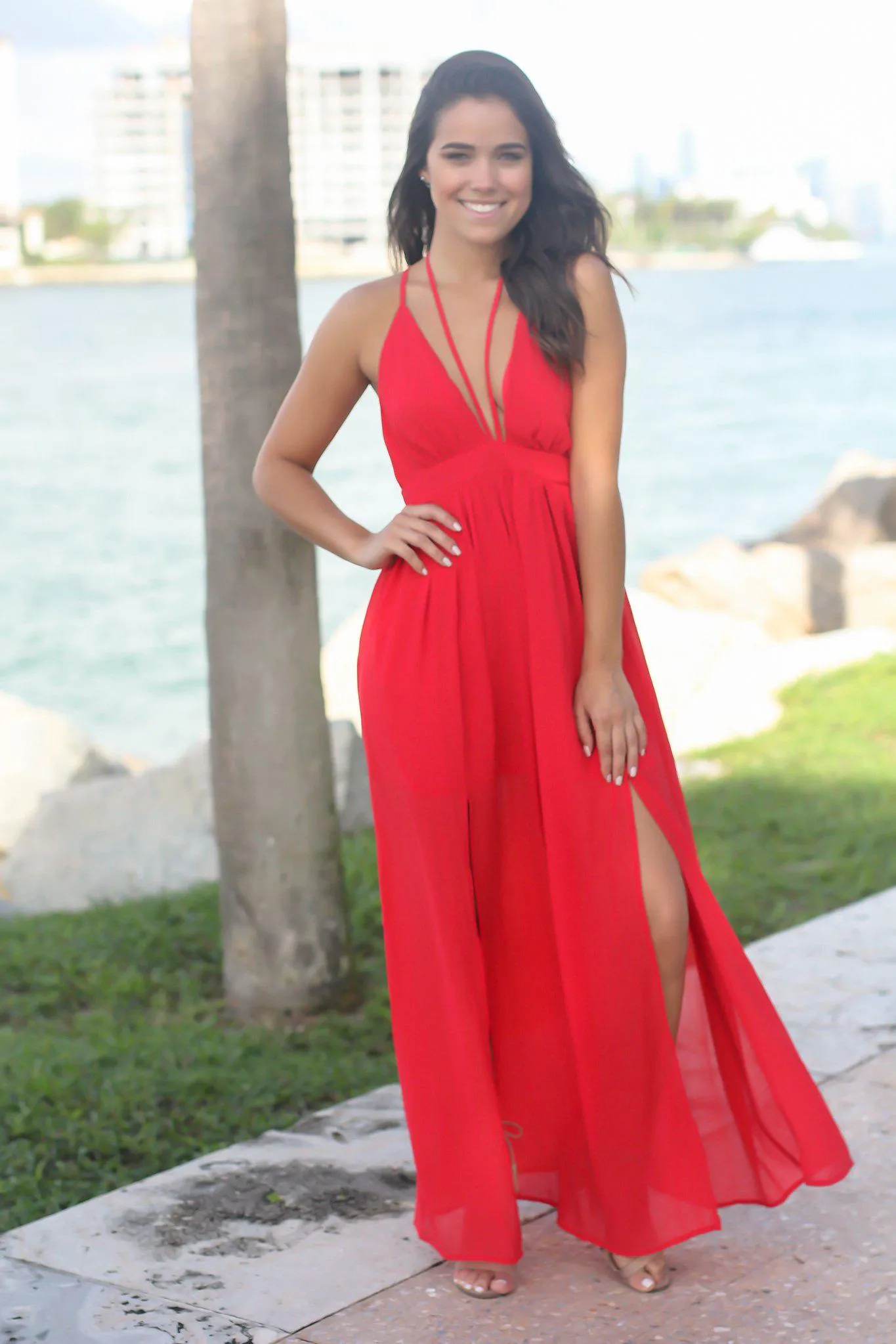 Red V-Neck Maxi Dress with Tie Neck