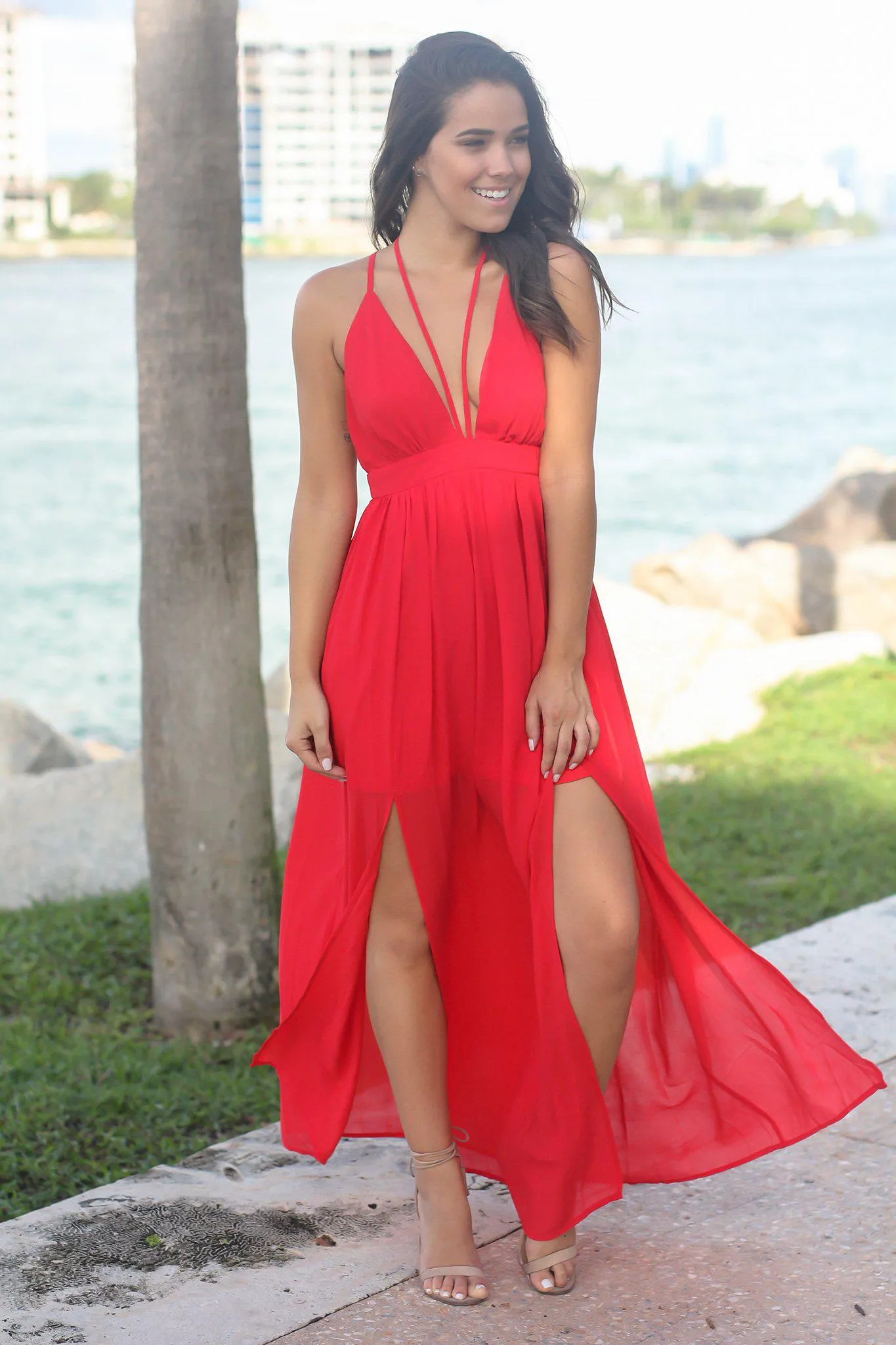 Red V-Neck Maxi Dress with Tie Neck
