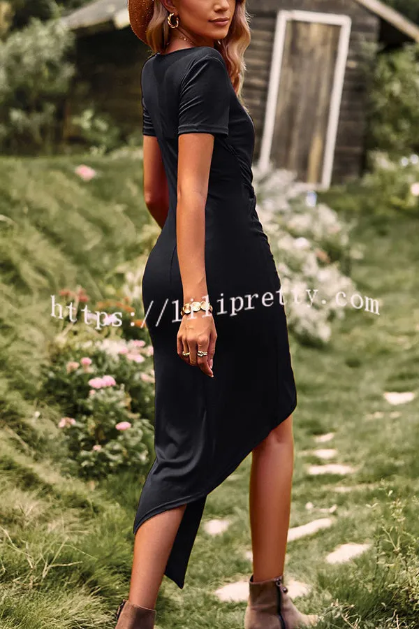 Round Neck Knitted Patchwork Short Sleeved Midi Dress
