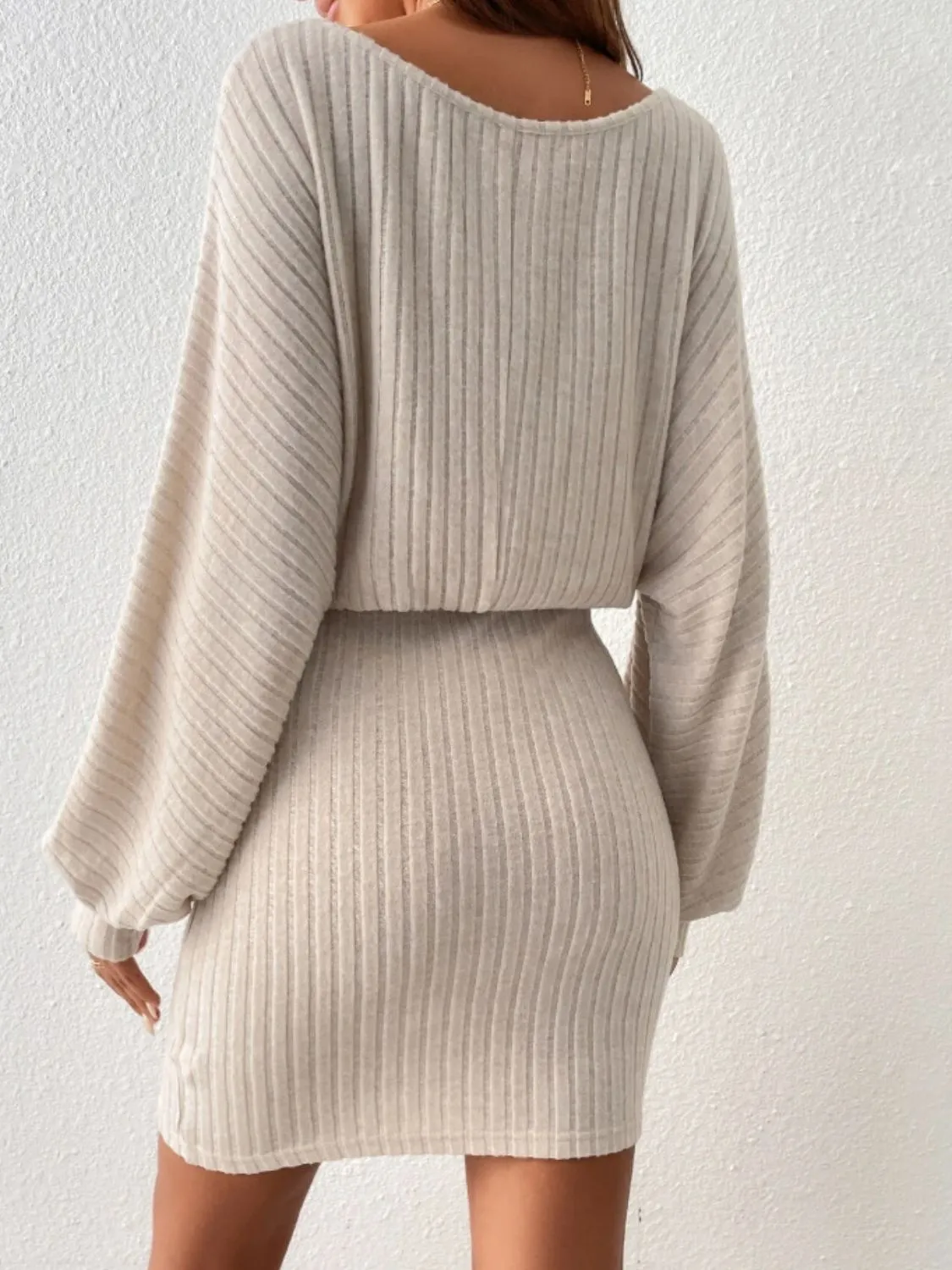 Round Neck Tie Waist Long Sleeve Mini Dress