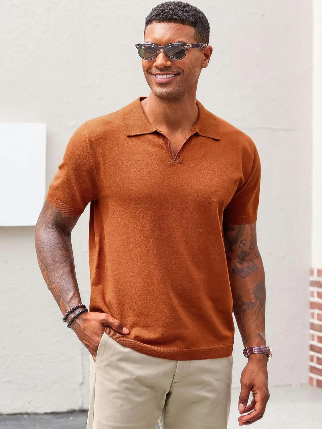 Runcati Men's V Neck Polo Shirts Short Sleeve Muscle Gym Knitted Golf Shirts Casual Slim Fit Tops