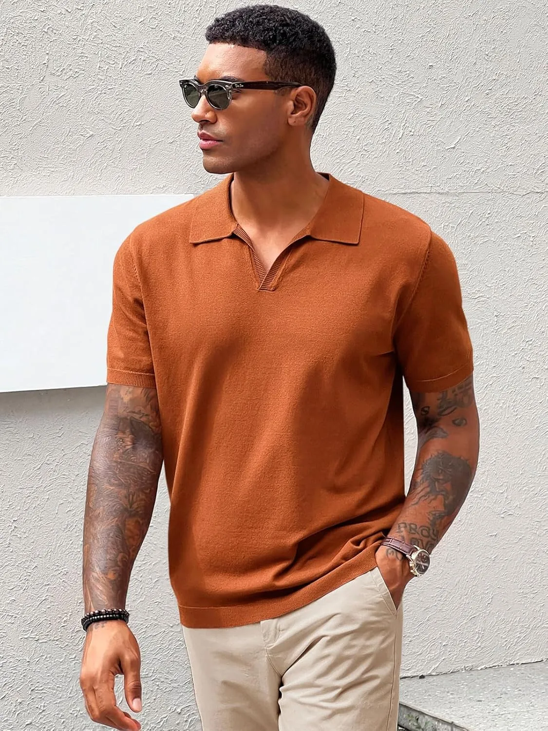 Runcati Men's V Neck Polo Shirts Short Sleeve Muscle Gym Knitted Golf Shirts Casual Slim Fit Tops