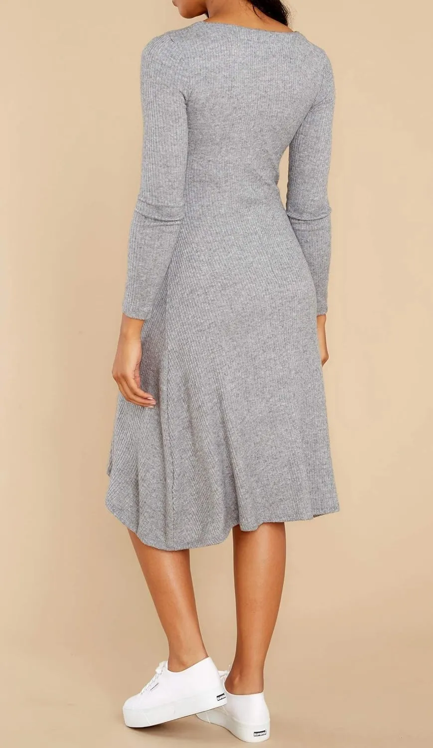 R.Vivimos Women's Winter Cotton Long Sleeves V-Neck Casual Button Down Knit Sweater Midi Dress