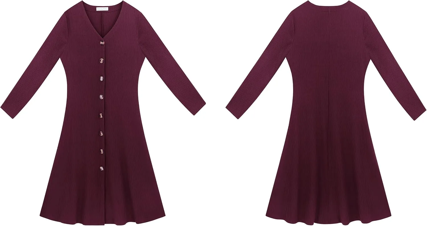 R.Vivimos Women's Winter Cotton Long Sleeves V-Neck Casual Button Down Knit Sweater Midi Dress
