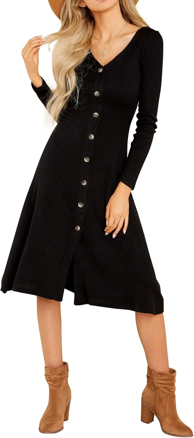 R.Vivimos Women's Winter Cotton Long Sleeves V-Neck Casual Button Down Knit Sweater Midi Dress