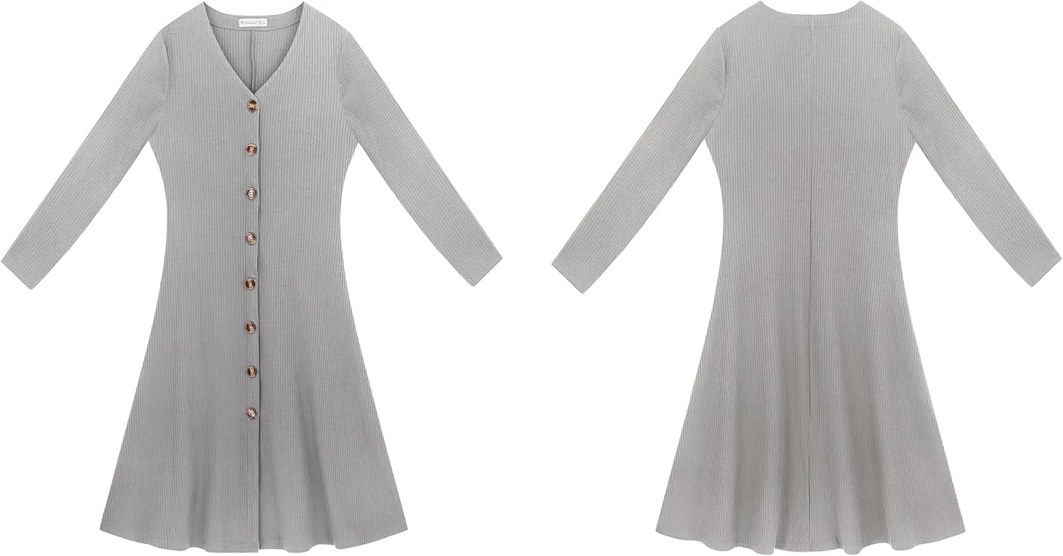 R.Vivimos Women's Winter Cotton Long Sleeves V-Neck Casual Button Down Knit Sweater Midi Dress