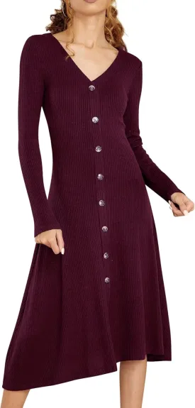R.Vivimos Women's Winter Cotton Long Sleeves V-Neck Casual Button Down Knit Sweater Midi Dress