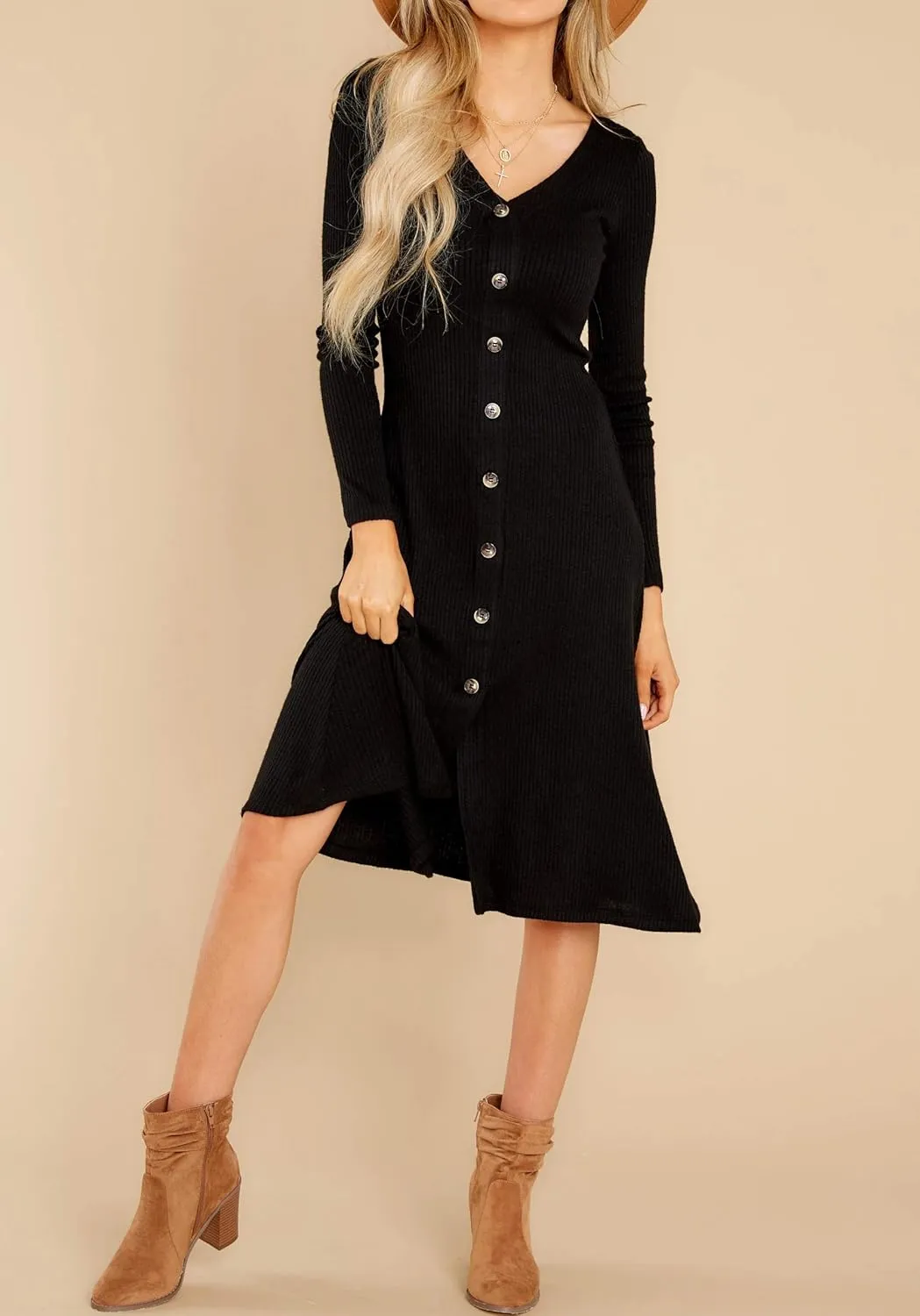 R.Vivimos Women's Winter Cotton Long Sleeves V-Neck Casual Button Down Knit Sweater Midi Dress