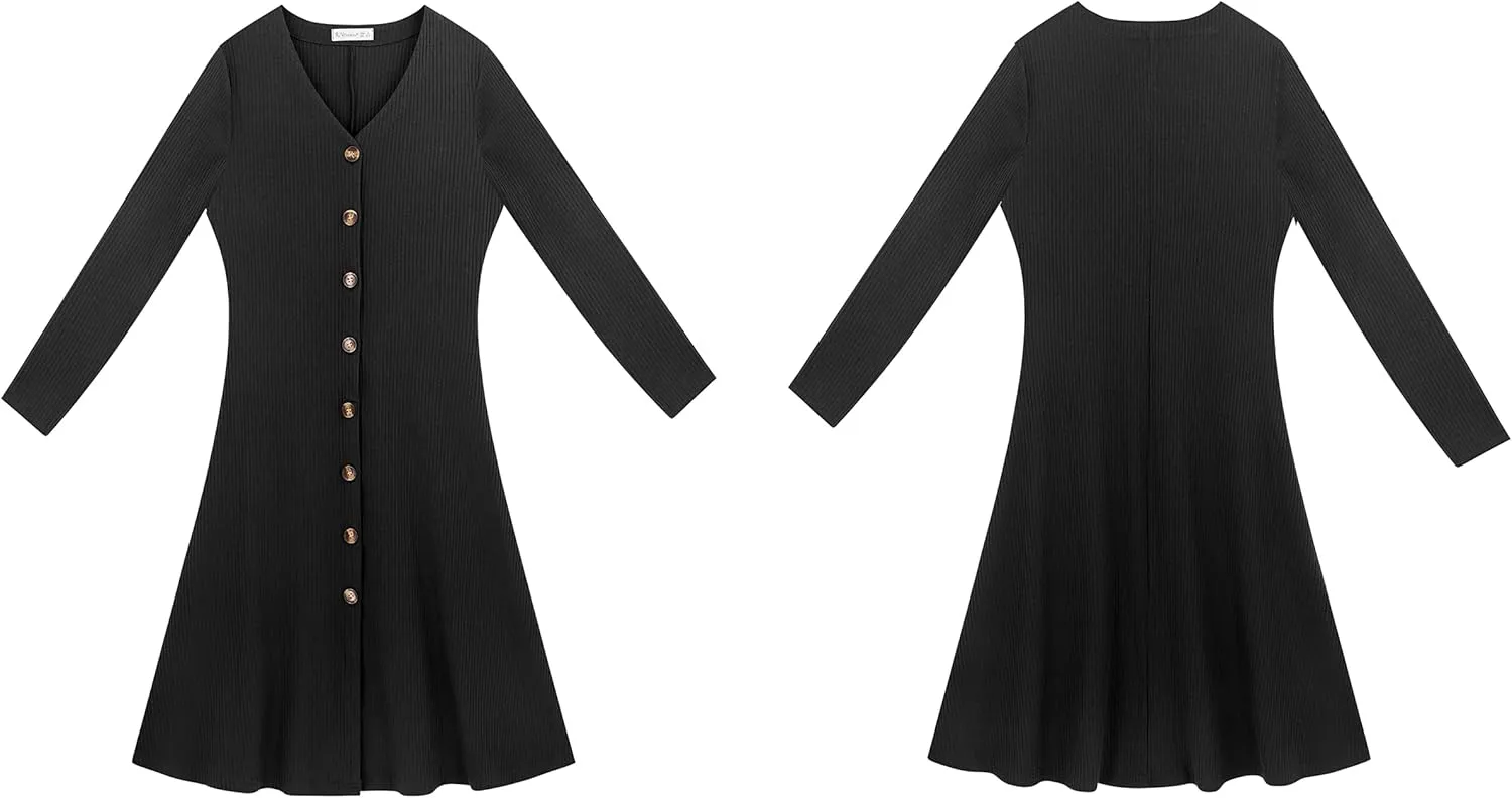R.Vivimos Women's Winter Cotton Long Sleeves V-Neck Casual Button Down Knit Sweater Midi Dress