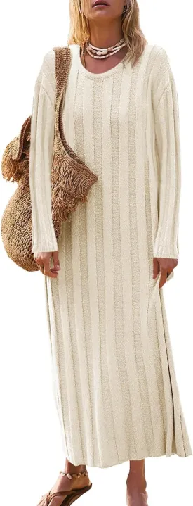 Saodimallsu Womens Crewneck Sweater Dress Long Sleeve Ribbed Knit Midi Fall Pullover Sweater Dresses