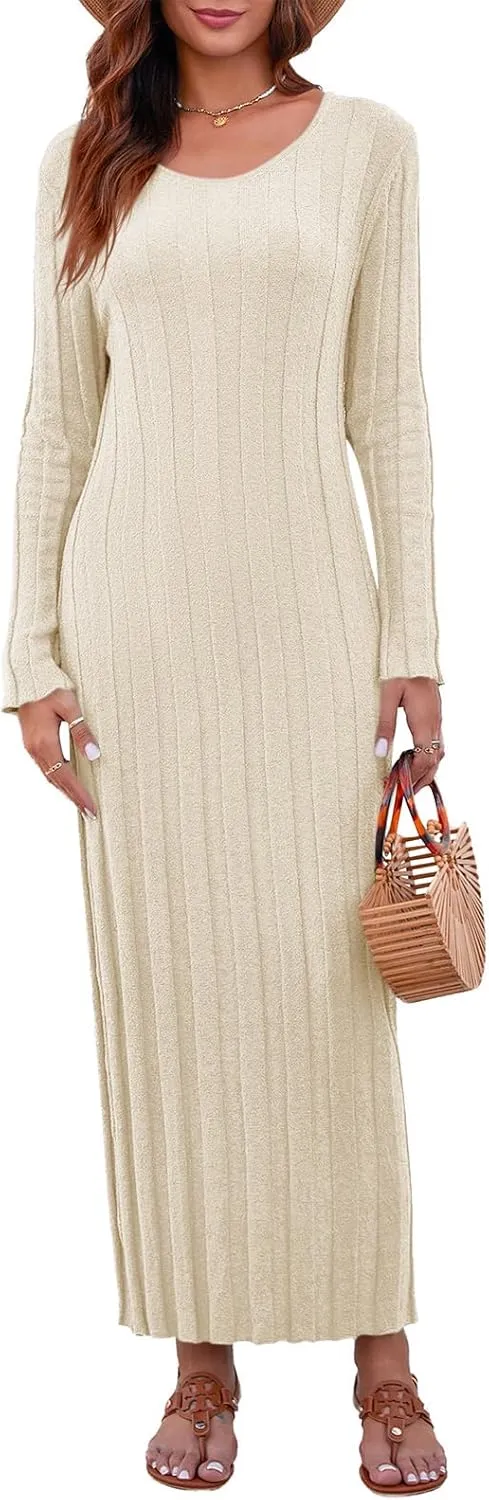 Saodimallsu Womens Crewneck Sweater Dress Long Sleeve Ribbed Knit Midi Fall Pullover Sweater Dresses