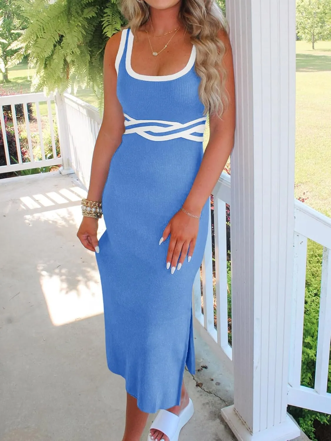 Saodimallsu Womens Summer Bodycon Midi Dress Sleeveless Square Neck Color Block Side Slit Ribbed Knit Sweater Tank Dresses