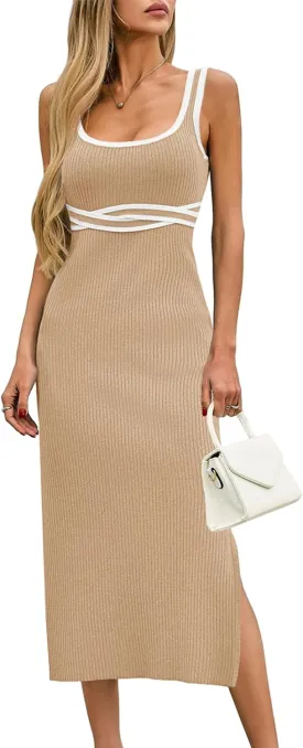 Saodimallsu Womens Summer Bodycon Midi Dress Sleeveless Square Neck Color Block Side Slit Ribbed Knit Sweater Tank Dresses
