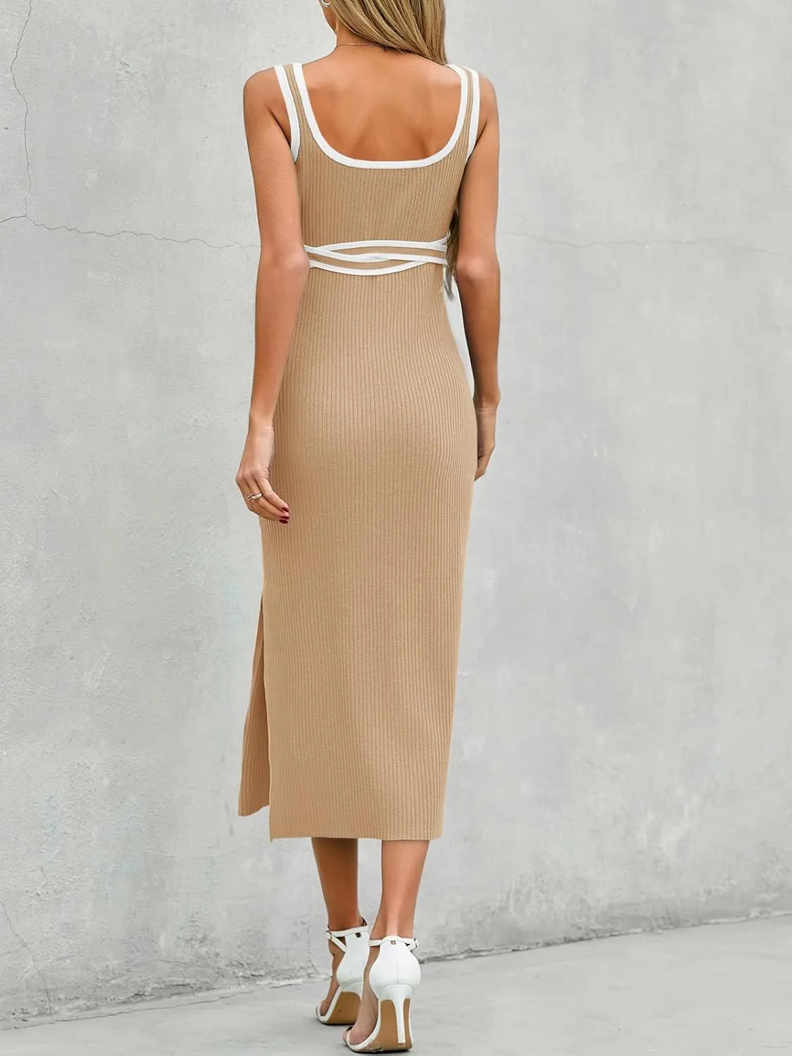 Saodimallsu Womens Summer Bodycon Midi Dress Sleeveless Square Neck Color Block Side Slit Ribbed Knit Sweater Tank Dresses