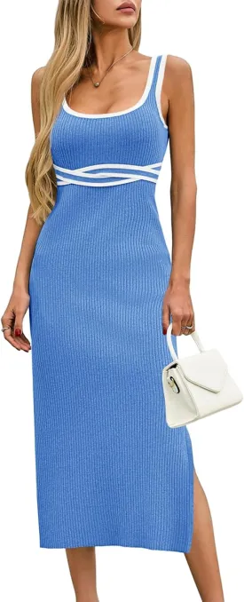 Saodimallsu Womens Summer Bodycon Midi Dress Sleeveless Square Neck Color Block Side Slit Ribbed Knit Sweater Tank Dresses