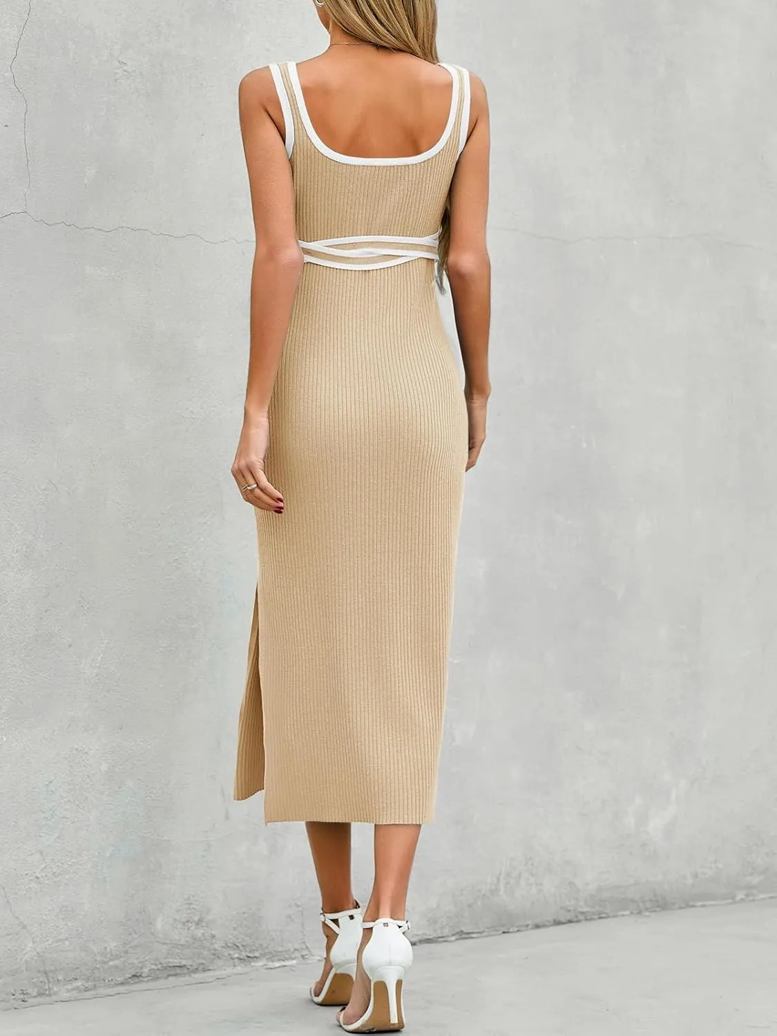 Saodimallsu Womens Summer Bodycon Midi Dress Sleeveless Square Neck Color Block Side Slit Ribbed Knit Sweater Tank Dresses