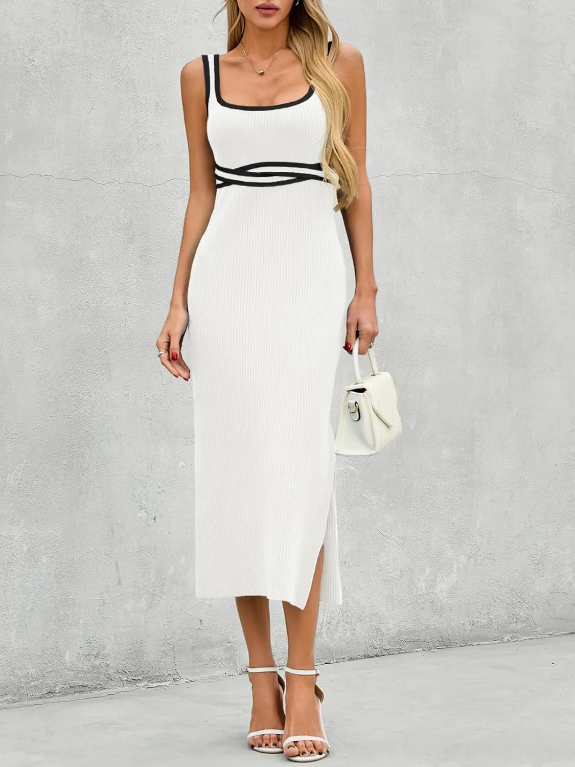 Saodimallsu Womens Summer Bodycon Midi Dress Sleeveless Square Neck Color Block Side Slit Ribbed Knit Sweater Tank Dresses