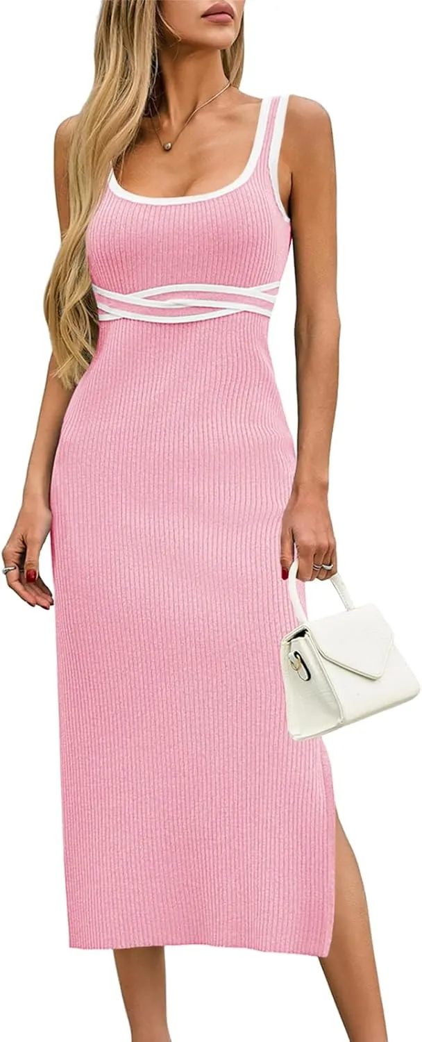 Saodimallsu Womens Summer Bodycon Midi Dress Sleeveless Square Neck Color Block Side Slit Ribbed Knit Sweater Tank Dresses