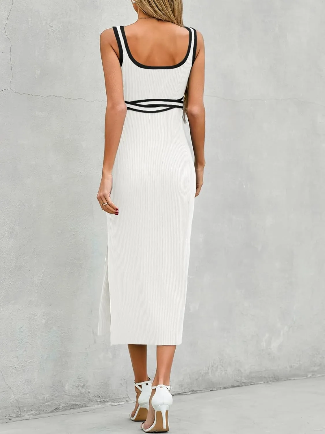Saodimallsu Womens Summer Bodycon Midi Dress Sleeveless Square Neck Color Block Side Slit Ribbed Knit Sweater Tank Dresses