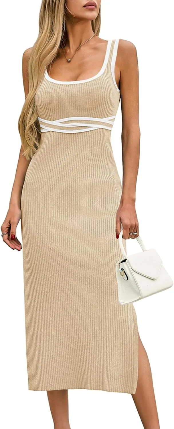 Saodimallsu Womens Summer Bodycon Midi Dress Sleeveless Square Neck Color Block Side Slit Ribbed Knit Sweater Tank Dresses
