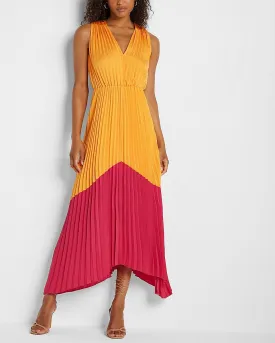Satin Pleated Color Block Maxi Dress in Cantaloupe