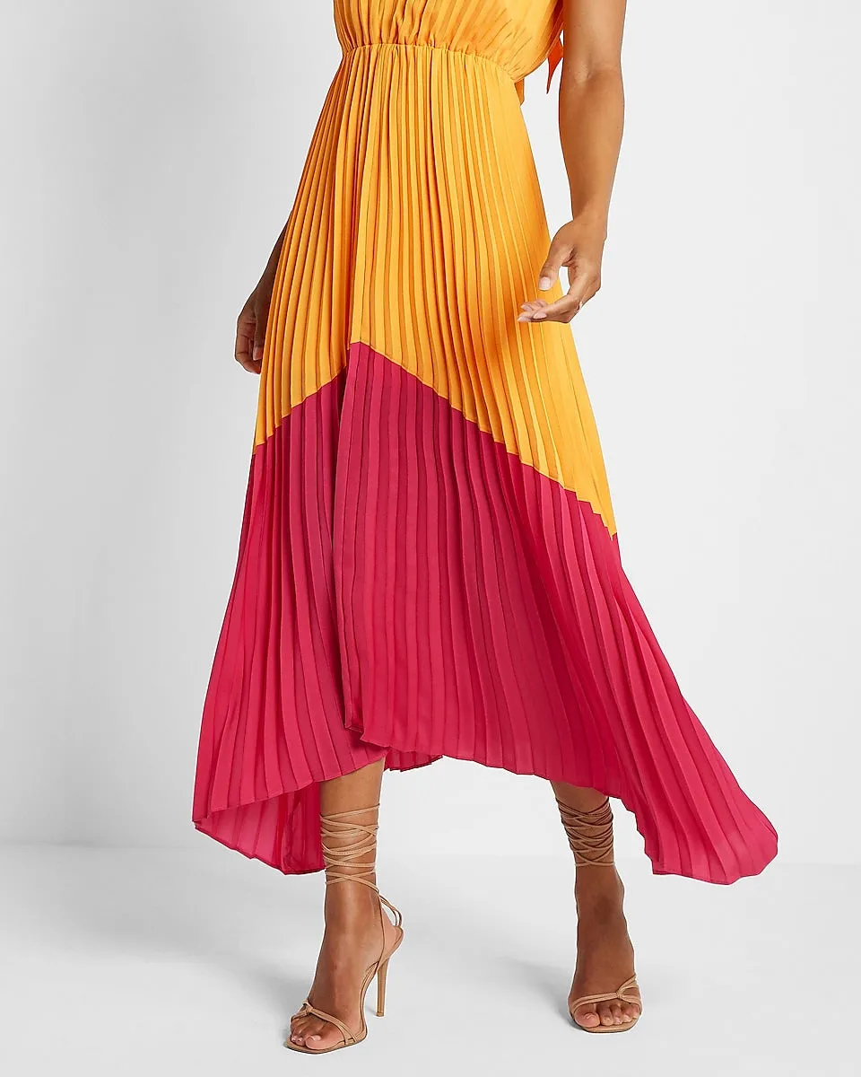 Satin Pleated Color Block Maxi Dress in Cantaloupe