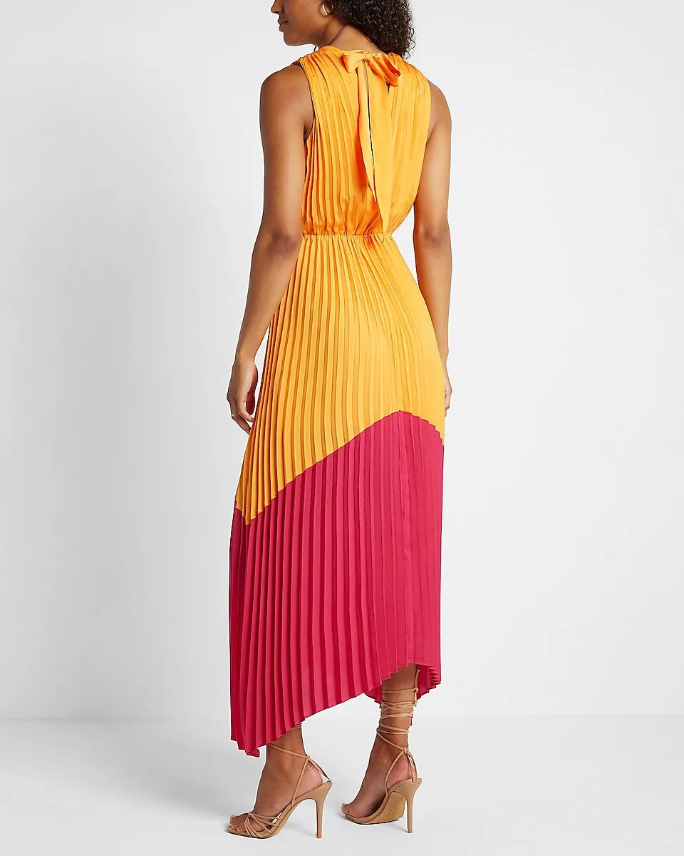 Satin Pleated Color Block Maxi Dress in Cantaloupe