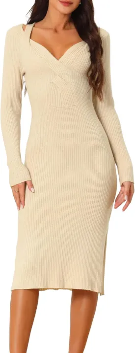 Seta T Women's Fall Winter Long Sleeve V Neck Ribbed Knit Side Slit Twist Front Midi Sweater Dress