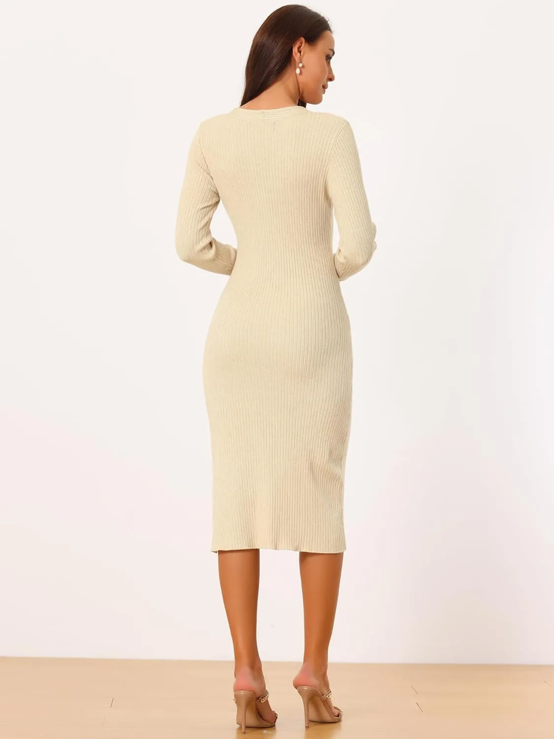 Seta T Women's Fall Winter Long Sleeve V Neck Ribbed Knit Side Slit Twist Front Midi Sweater Dress
