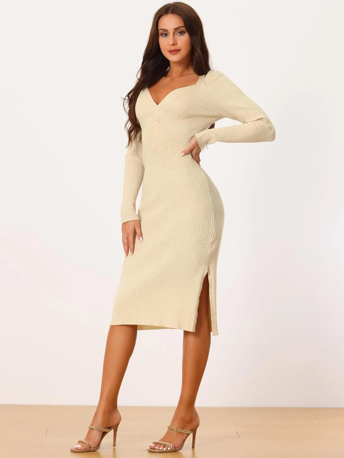 Seta T Women's Fall Winter Long Sleeve V Neck Ribbed Knit Side Slit Twist Front Midi Sweater Dress