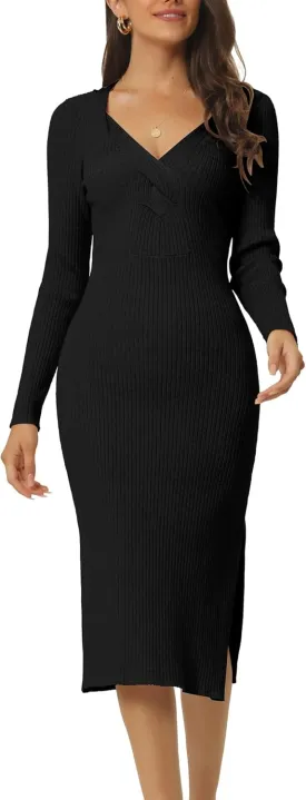 Seta T Women's Fall Winter Long Sleeve V Neck Ribbed Knit Side Slit Twist Front Midi Sweater Dress