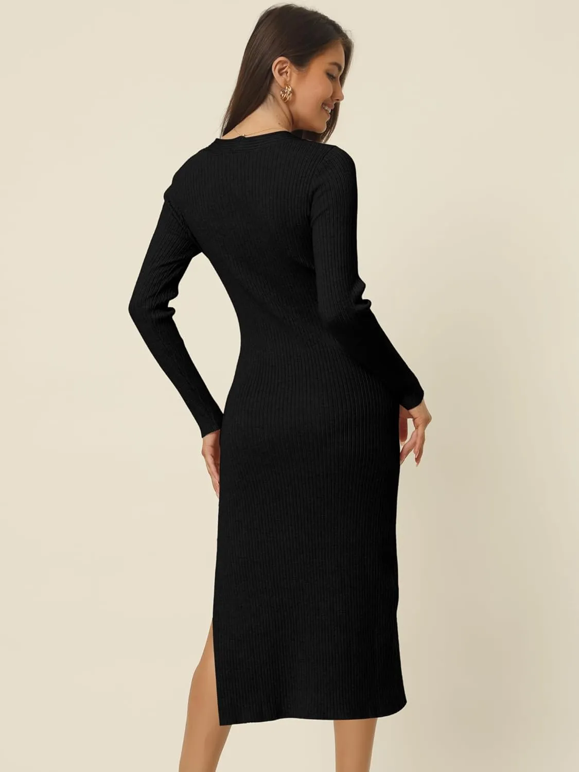 Seta T Women's Fall Winter Long Sleeve V Neck Ribbed Knit Side Slit Twist Front Midi Sweater Dress