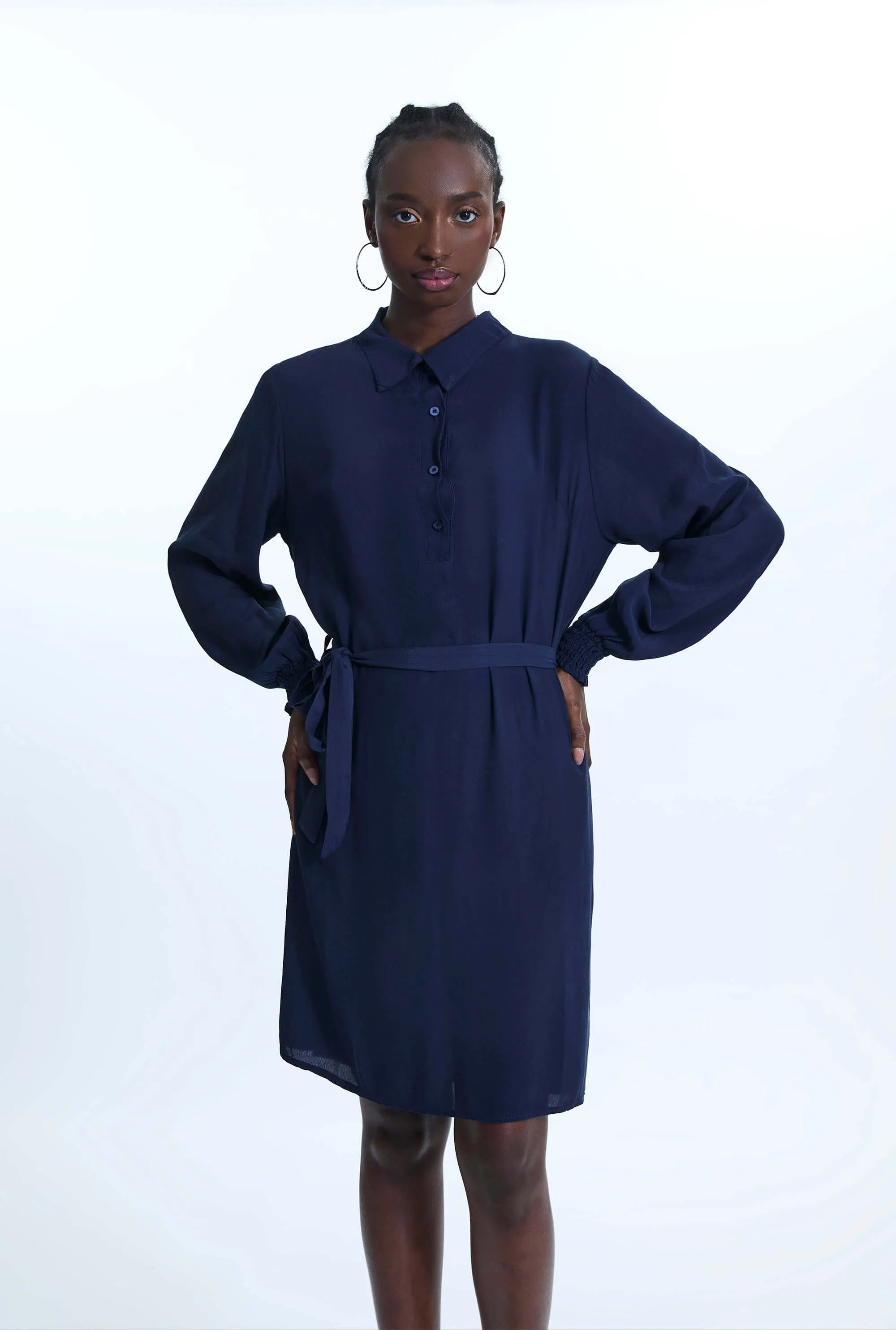 Shirt Collar Belted Dress