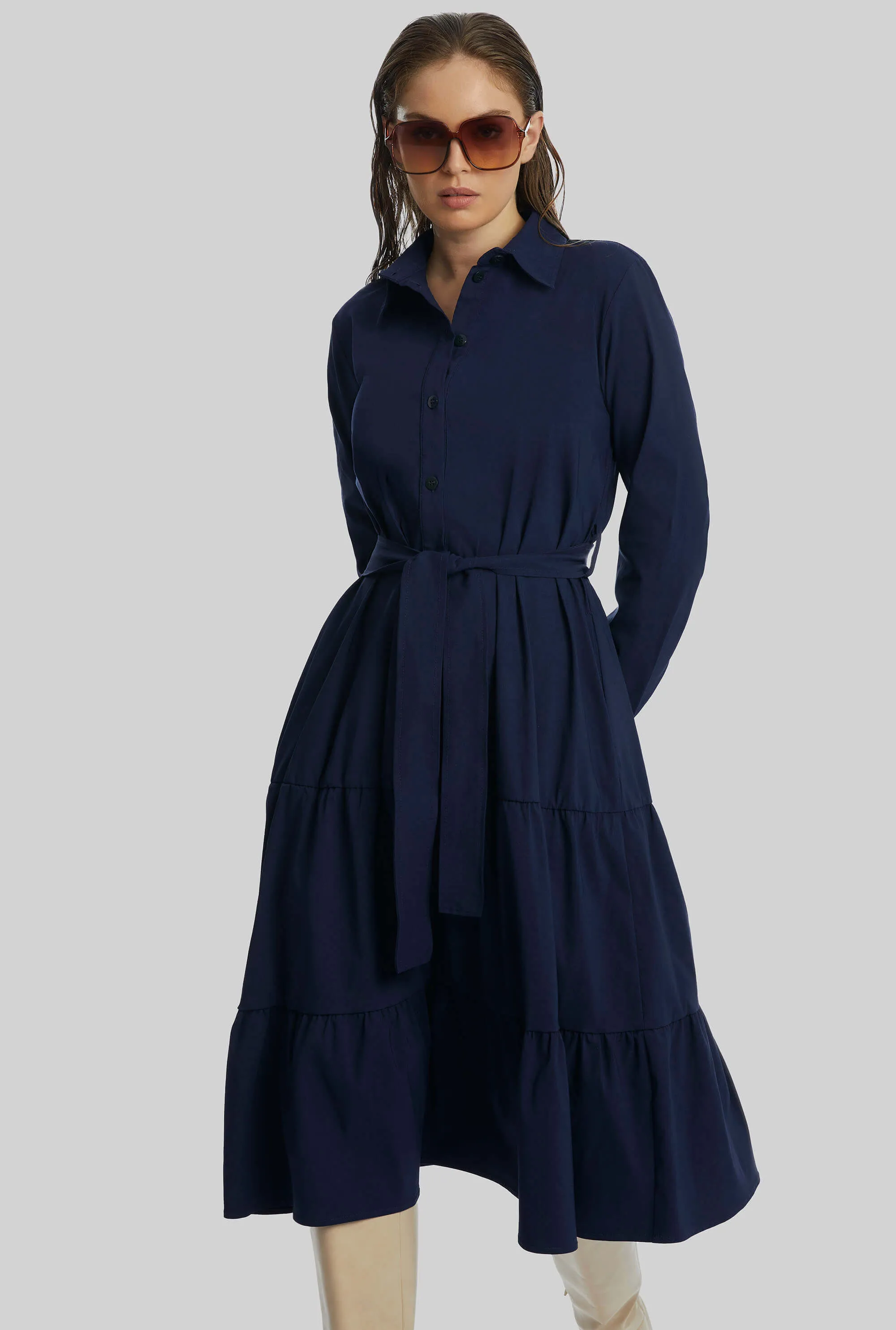 Shirt Collar Tiered Midi Dress