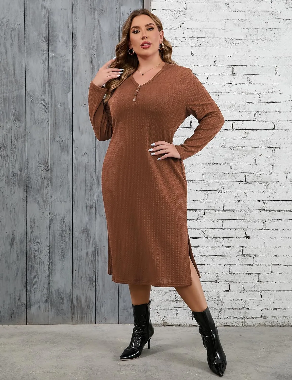 ShopWonder Plus Size Lightweight Knit Sweater Dress Long Sleeve Fall Outfits Fashion V Neck Slit Hem Casual Midi Dress