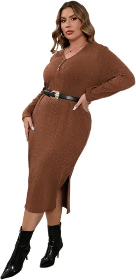 ShopWonder Plus Size Lightweight Knit Sweater Dress Long Sleeve Fall Outfits Fashion V Neck Slit Hem Casual Midi Dress