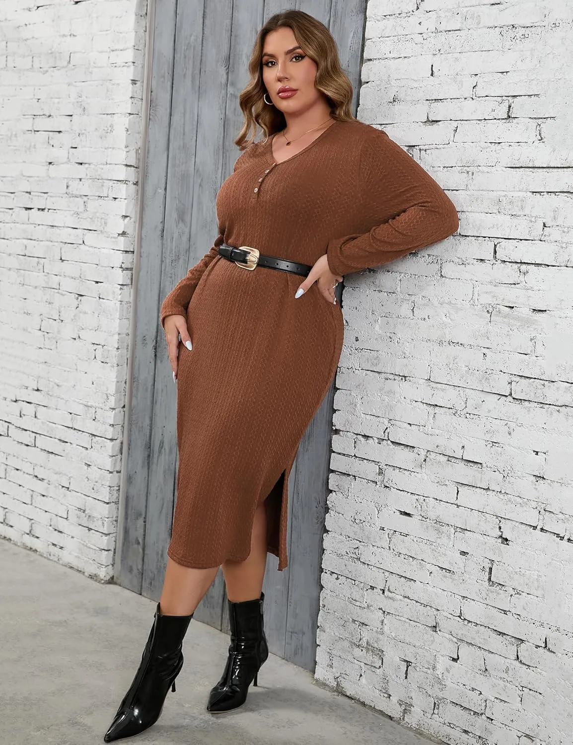 ShopWonder Plus Size Lightweight Knit Sweater Dress Long Sleeve Fall Outfits Fashion V Neck Slit Hem Casual Midi Dress
