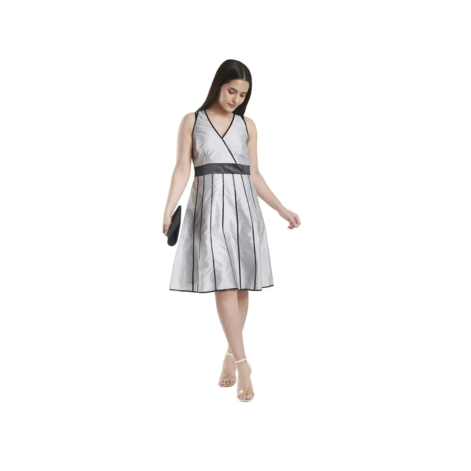 Silver Grey Dupioni Piping Details Ladies Party Dress