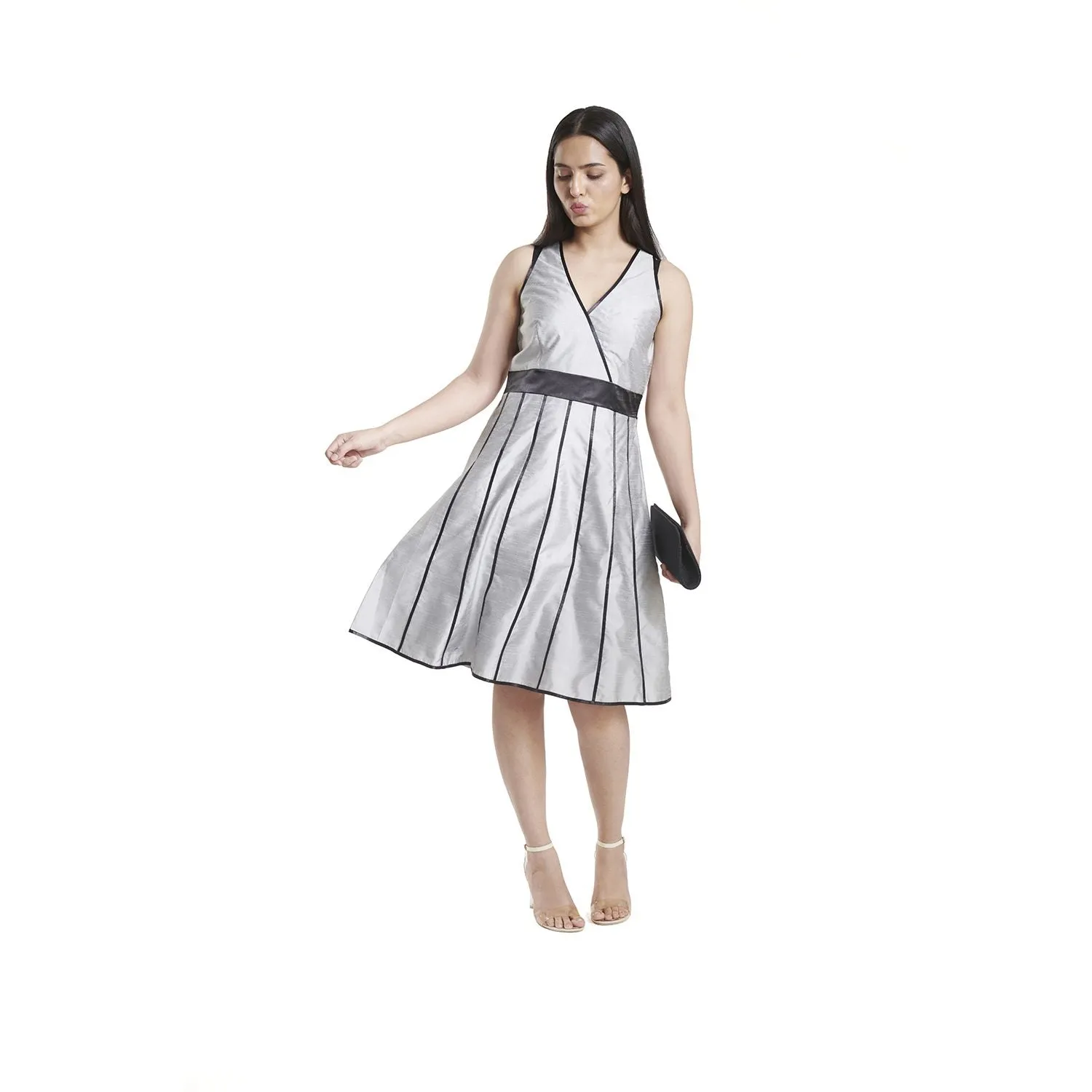 Silver Grey Dupioni Piping Details Ladies Party Dress