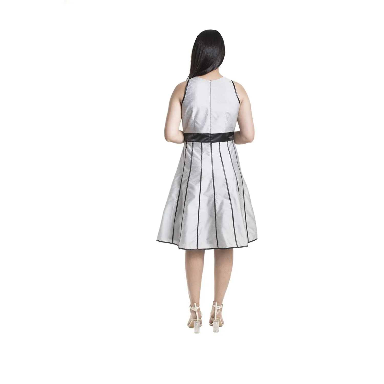 Silver Grey Dupioni Piping Details Ladies Party Dress