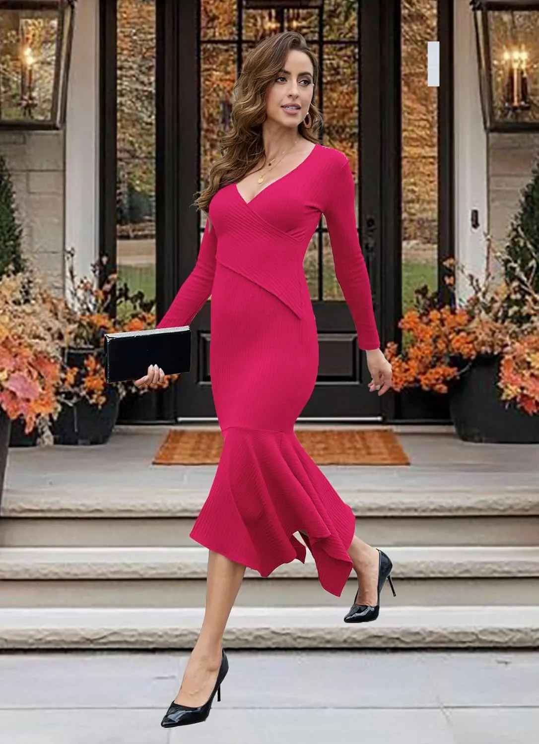 Soinku Women's Long Sleeve Bodycon Sweater Dress Fall Winter Casual Wrap Ribbed Knit Maxi Dresses