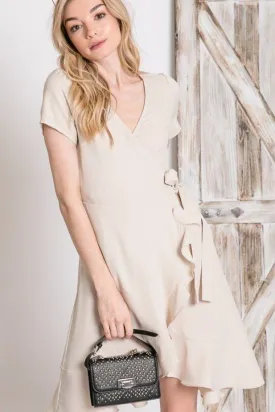 Solid Basic Ruffle Detailed Tulip Overlay Short Sleeve Surplice Dress With Ribbon Tie Waist Detail