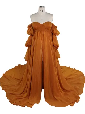 Solid Color Silk Organza Maternity/ Non Maternity Gown for Photoshoot Detachable Sleeves Fancy Photography Photo Shoot Dress Props YW221105